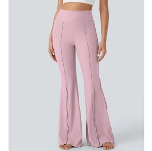 HALARA Ribbed High-Waist Lettuce Trim Pocket Flare L Color Bleached Mauve NWT